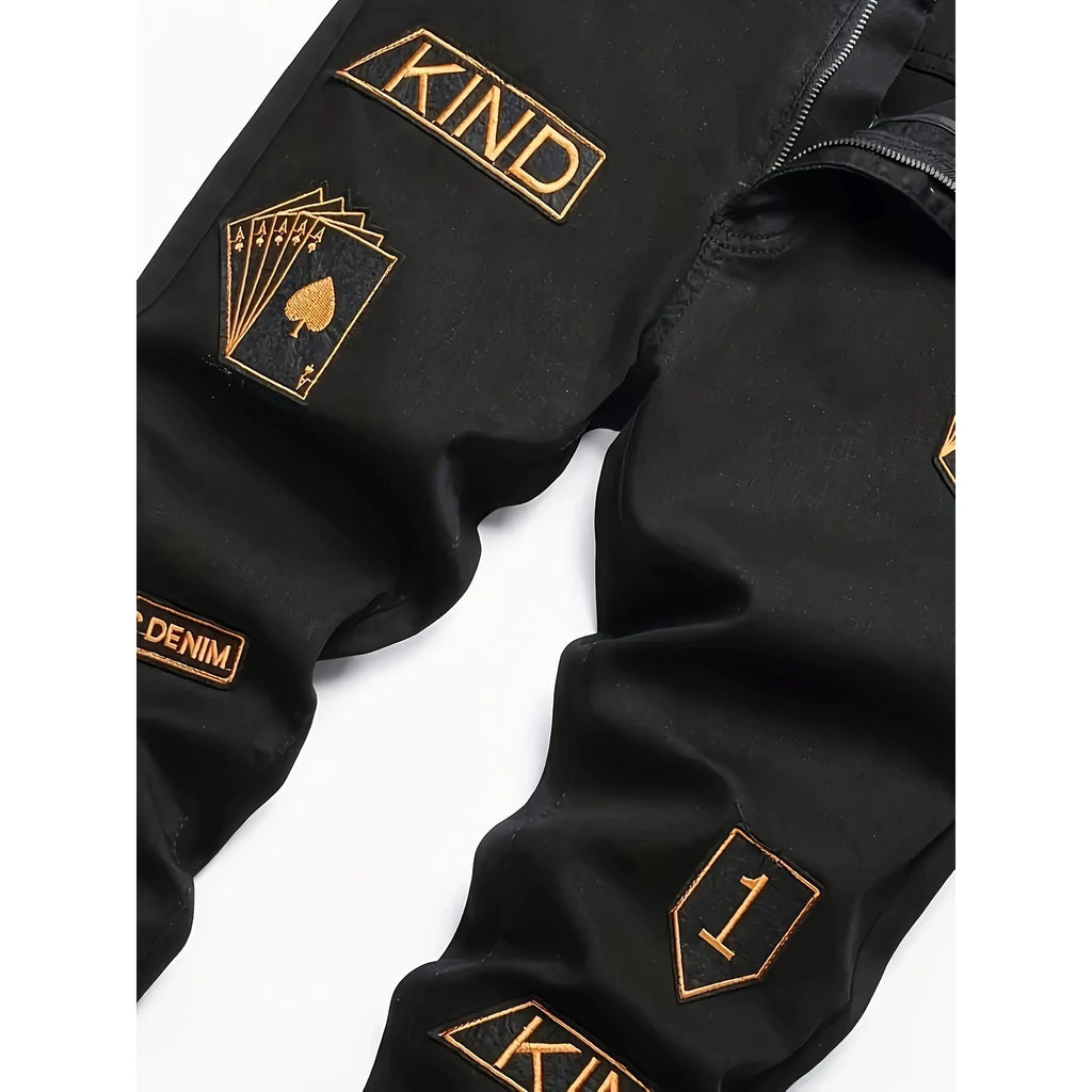 New European and American model: black, dirty, print, ripped, trendy men’s jeans.