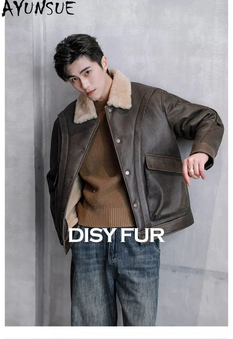 AYUNSUE Natural Sheepskin Fur Coat Men Autumn Winter New Short Real Wool Man Vintage Leather Jacket Motorcycle Fur Coats Jackets
