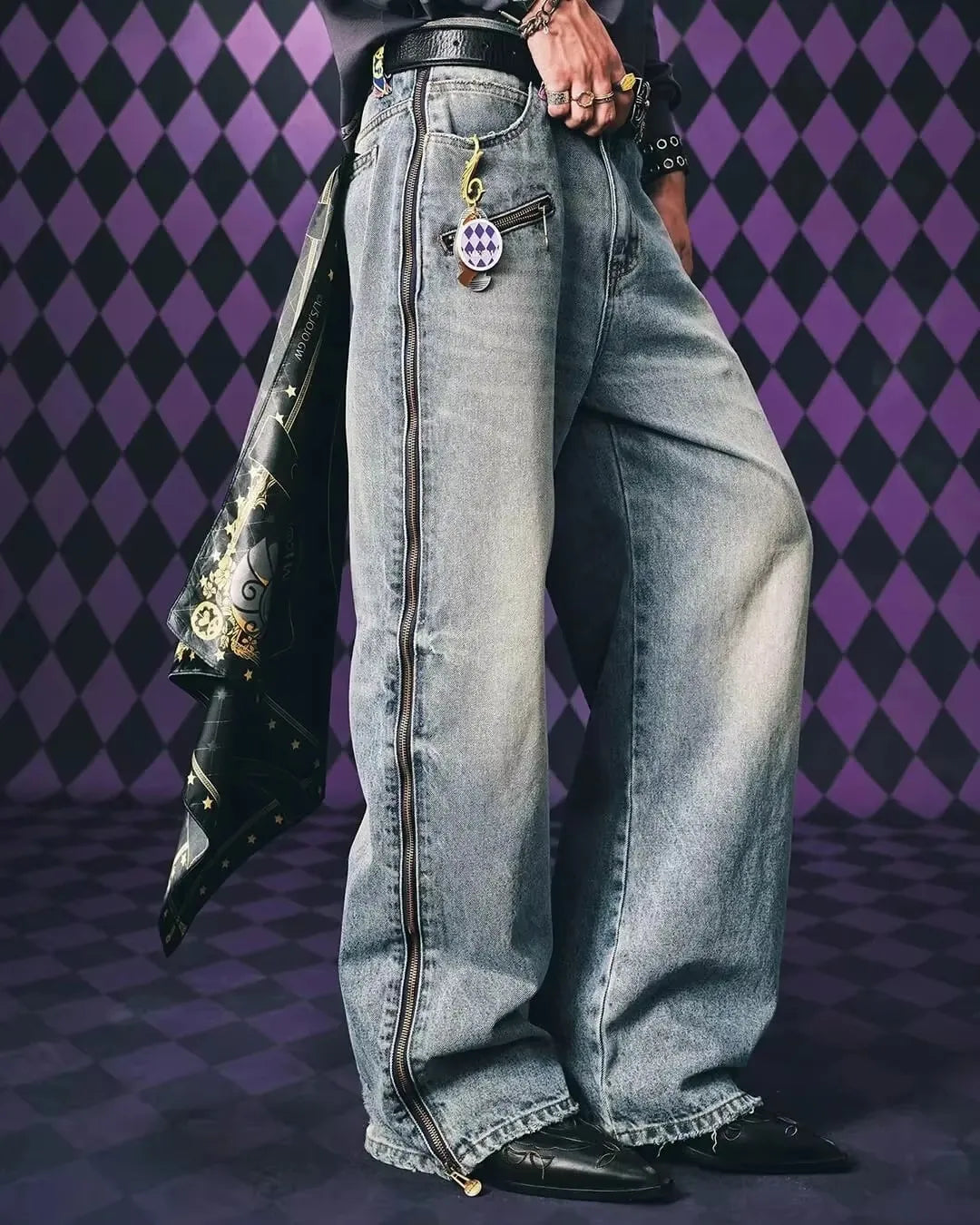Anime Y2k High Street Original Color Style Light Blue Jeans American Hip Hop Fully Open Side Contrast Color Lined Wide Leg Pants