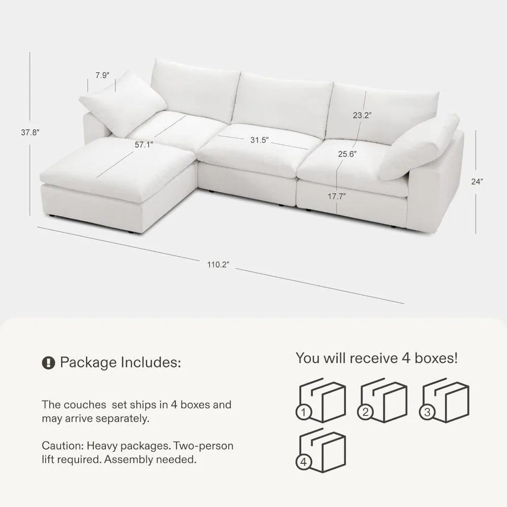 Modular Cloud Sofa, 110.2-inch Sectional Couches with Deep Seating, L-Shaped 3-Seat Living Room Sofa with Ottoman, Modern Comfor
