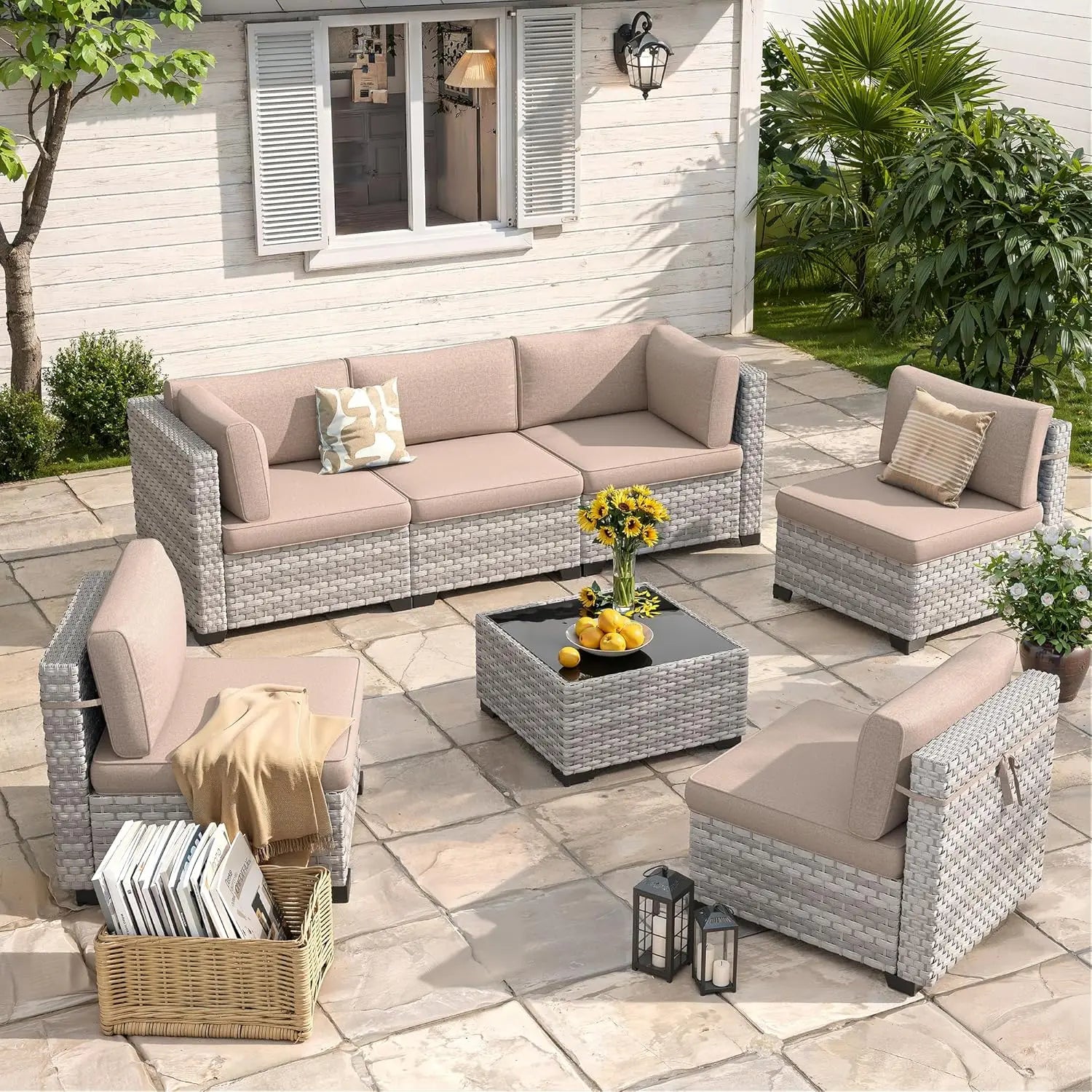 6-Seat Outdoor Wicker Sectional Sofa Set with Thick 4-Inch Cushions Dual-Strand PE Rattan Customizable Modular Patio Furniture