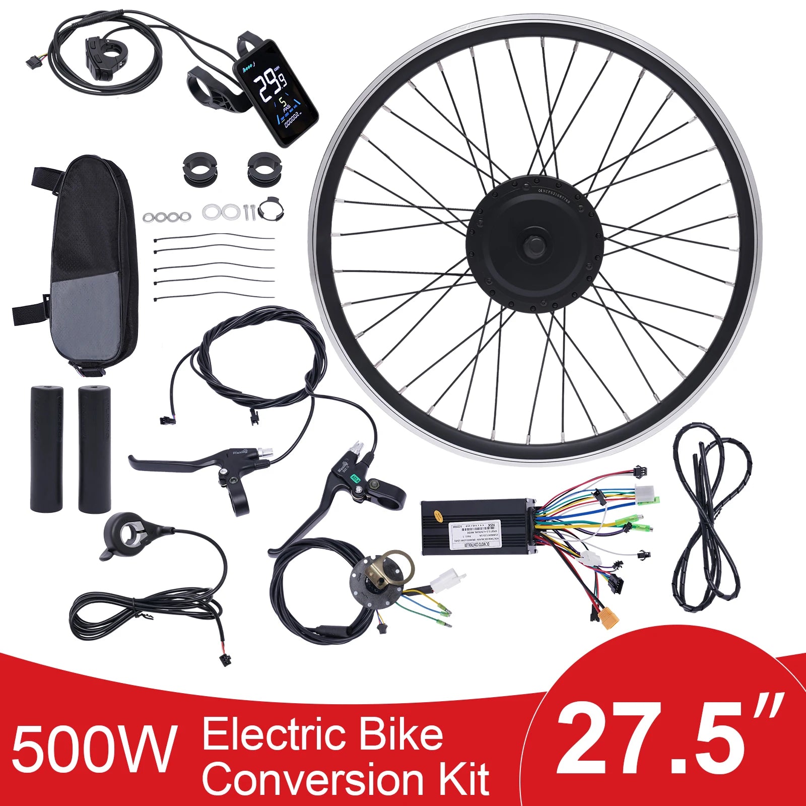 36V 500W Electric Bike Conversion Kit with LCD Display PAS Brake Levers Complete E-Bike Kit for 27.5"/700C Front Wheel
