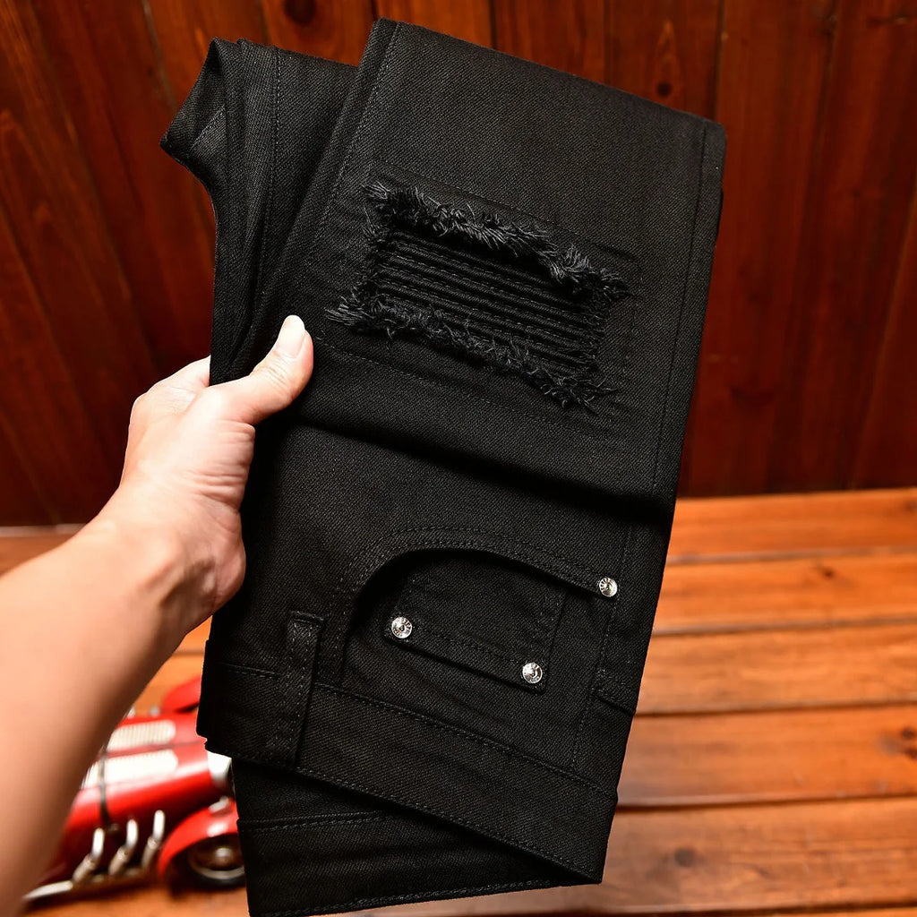 High end high street ripped patch design black jeans for men in autumn, slim fit American style trendy pants with small feet