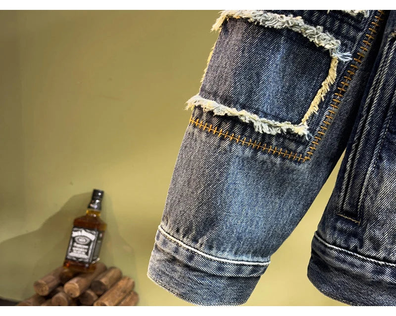 Streetwear Fashion Men Jacket High Quality Retro Blue Patched Designer Ripped Denim Jacket Men Coats Hip Hop Chaquetas Hombre