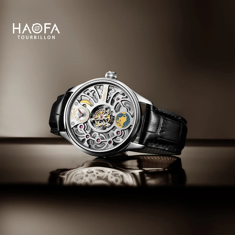 Haofa 1037 Center Tourbillon Mechanical Man Watch Skeleton Earth Dial Flying Tourbillon Movement Men Watches Vintage Fashion