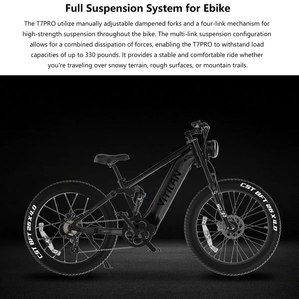 Vitilan T7PRO Full Suspension Mountain E-bike for Adults 1600W Peak Brushless Motor 35mph 52V20Ah E-Bike 90 Nm Electric Bike
