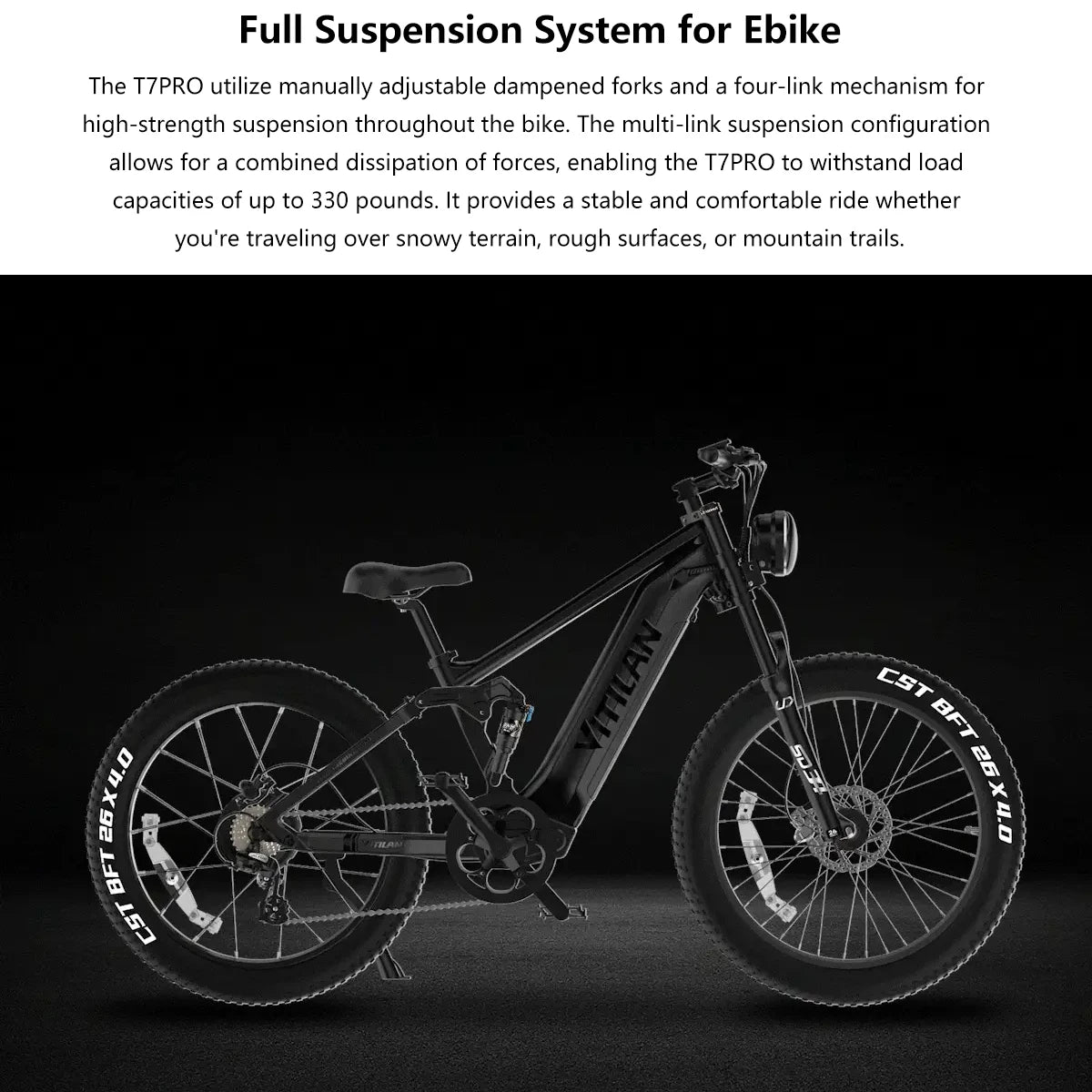 Vitilan T7PRO Full Suspension Mountain E-bike for Adults 1600W Peak Brushless Motor 35mph 52V20Ah E-Bike 90 Nm Electric Bike