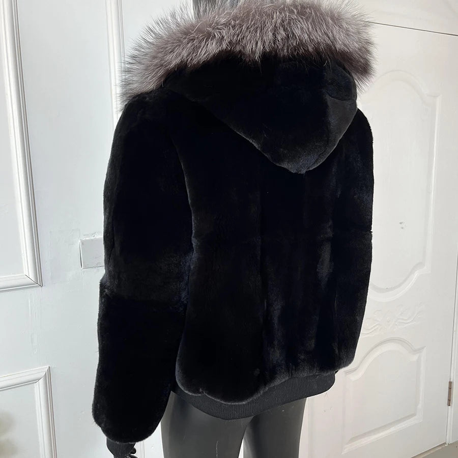 Men Rabbit Fur Coat Winter Short Real Rex Rabbit Fur Jacket With Hood Black Fur Coats Chinchilla Fur