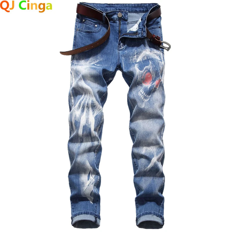 2026 Men's Blue 3D Printing Jeans, Black Wolf Pattern Printed Punk Straight Cotton Casual Print Denim Pants Asian Size 28-42