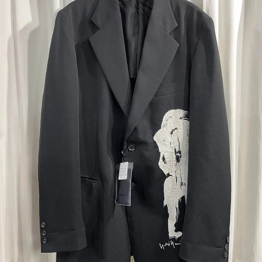 TOP-YAMAMOTO ® Dark Style Wool Embroidery Portrait Suit for Men - Black Loose Design Suits