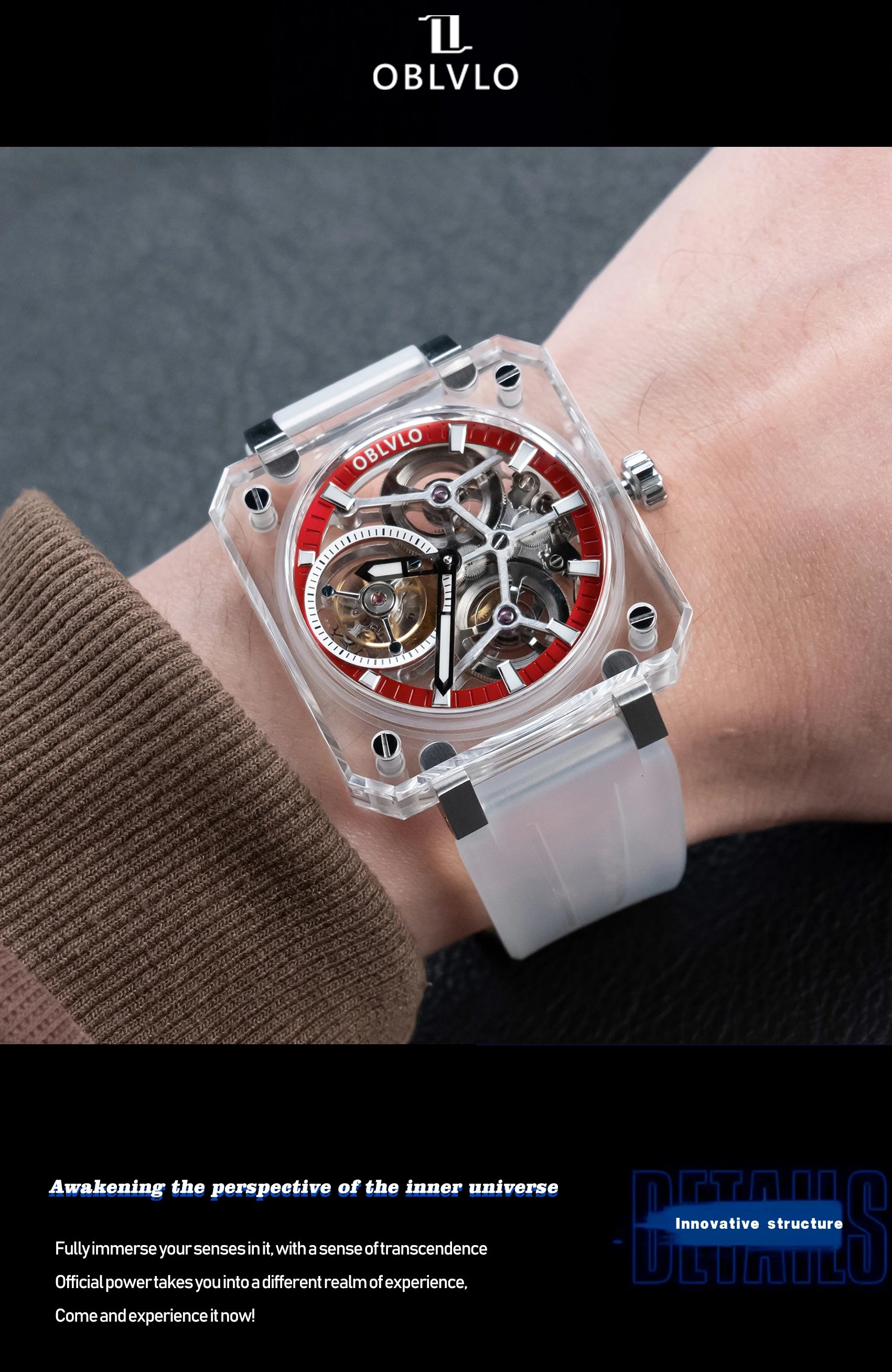 OBLVLO Men's Blue Skeleton Dial Tourbillon Automatic Watch Transparent Square Analog Display And Hollow-out Design BR-TB