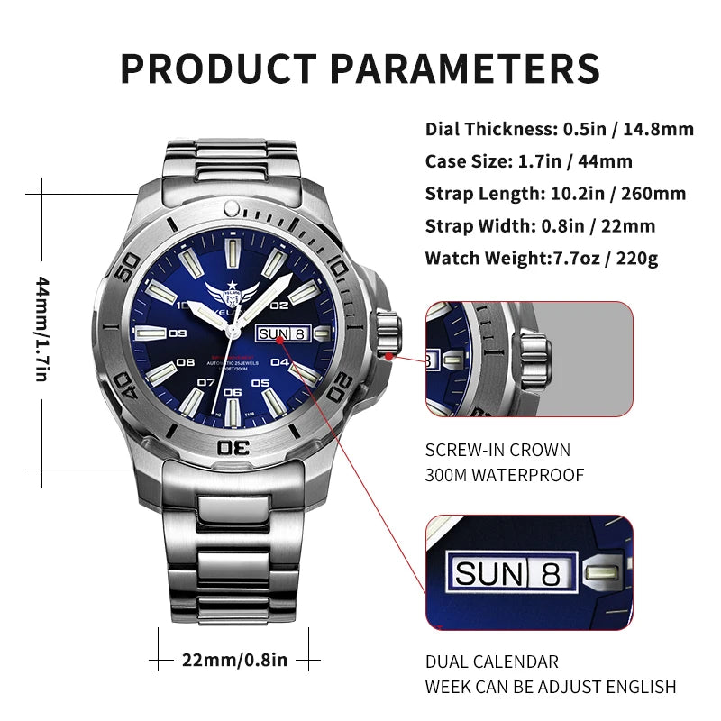 YELANG New Men Automatic Mechanical Watch T100 Self Luminous SWISS ETA Movement 25Jewels Deep Sea DiverSwim Waterproof 300m V5