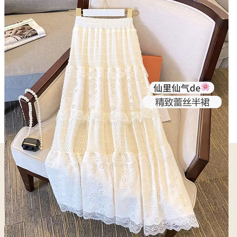 Lace Skirts Women French Style Ankle-length High Elastic Waist Hollow Out Patchwork New Loose Slim Korean  A-line Sweet Fit