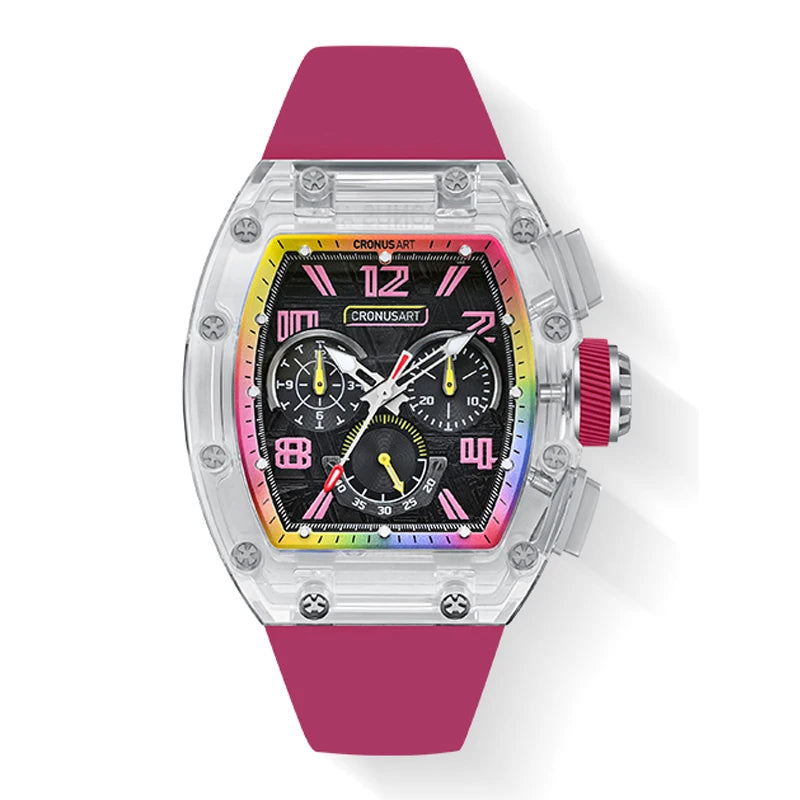 CRONUSART Men Automatic Watch 50mm Tonneau Chronograph Mechanical Wristwatch 5ATM Luminous Sapphire Case & Mirror Meteorite Dial