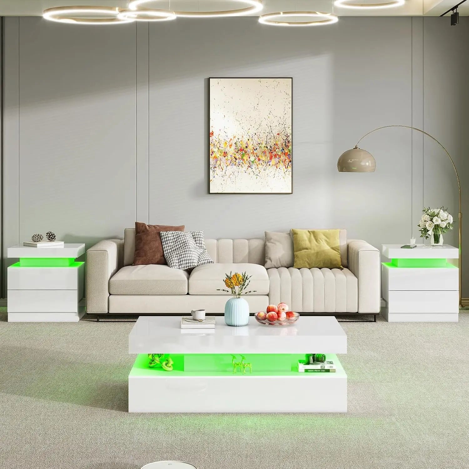 High Gloss 3 Pieces Living Room Table Set, Modern LED Coffee Table Sets of 3, 2-Tier Center Table with 2 End Side Tables, White
