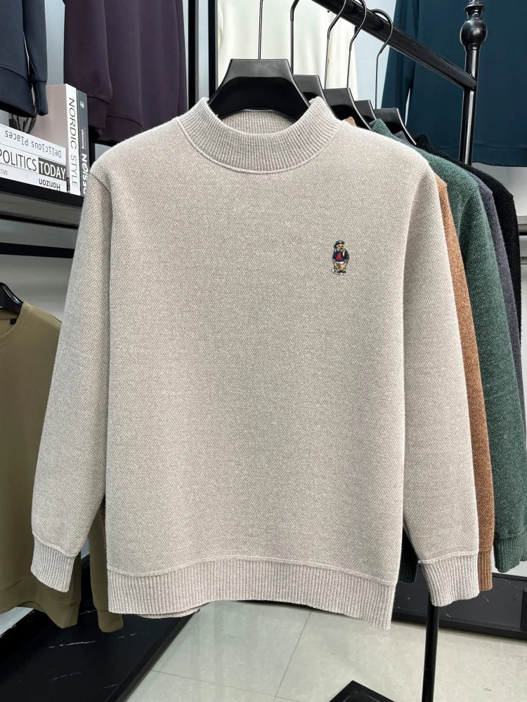 Fashion cartoon teddy bear embroidery knitted sweater high neck pullover luxury brand plush warm autumn winter casual men's wear