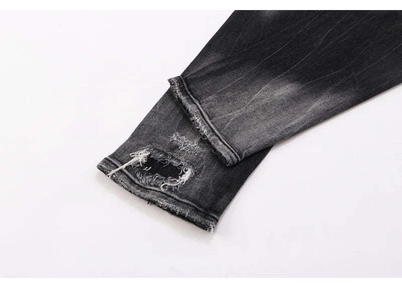 Street Fashion Men Jeans Retro Black Gray Elastic Stretch Slim Fit Hole Ripped Jeans Men Patched Designer Hip Hop Brand Pants
