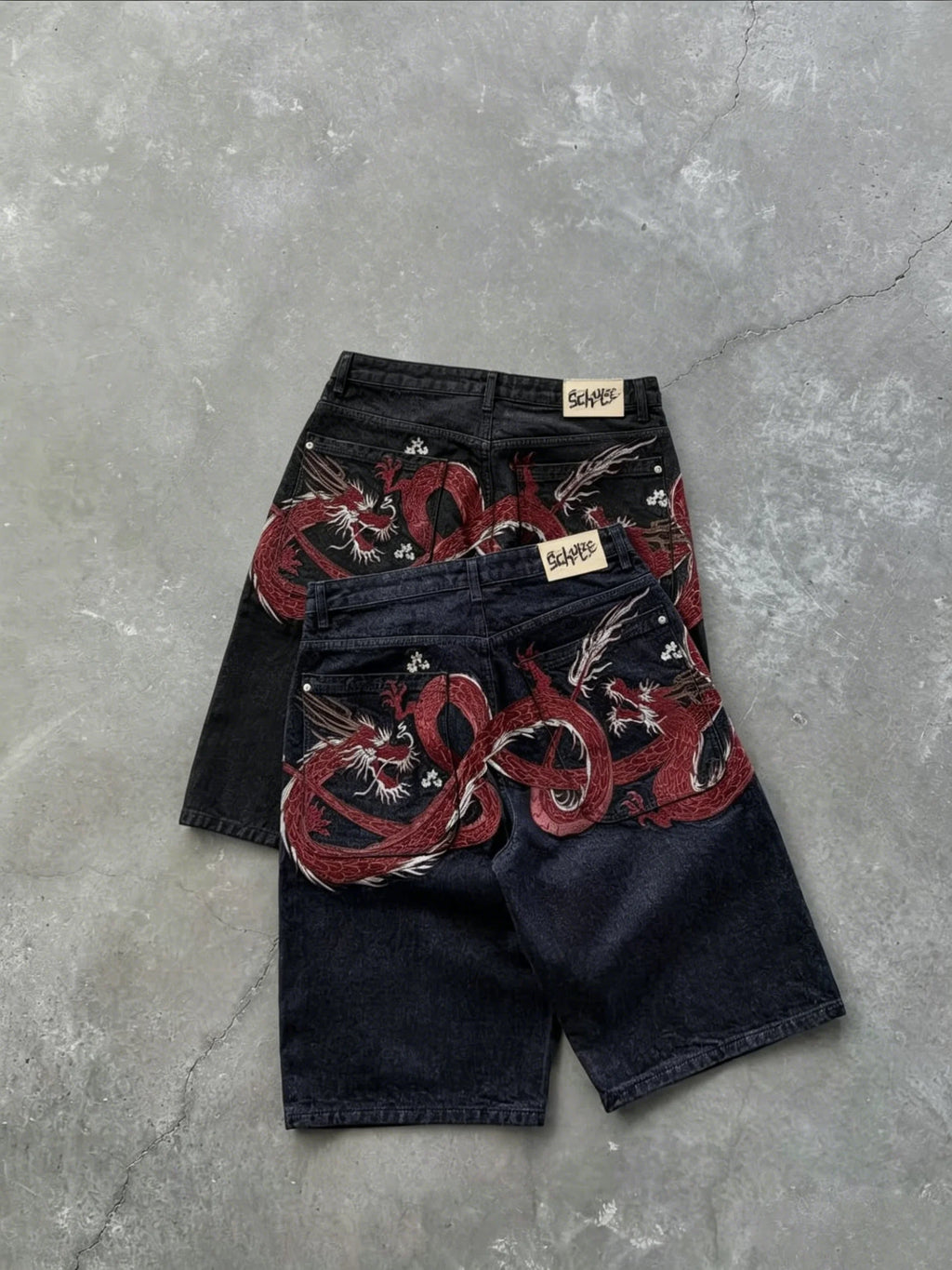 Men Couples Japanese Dragon Floral Embroidered Denim Shorts Loose Baggy Streetwear Washed Vintage Harajuku Y2K Summer Jeans