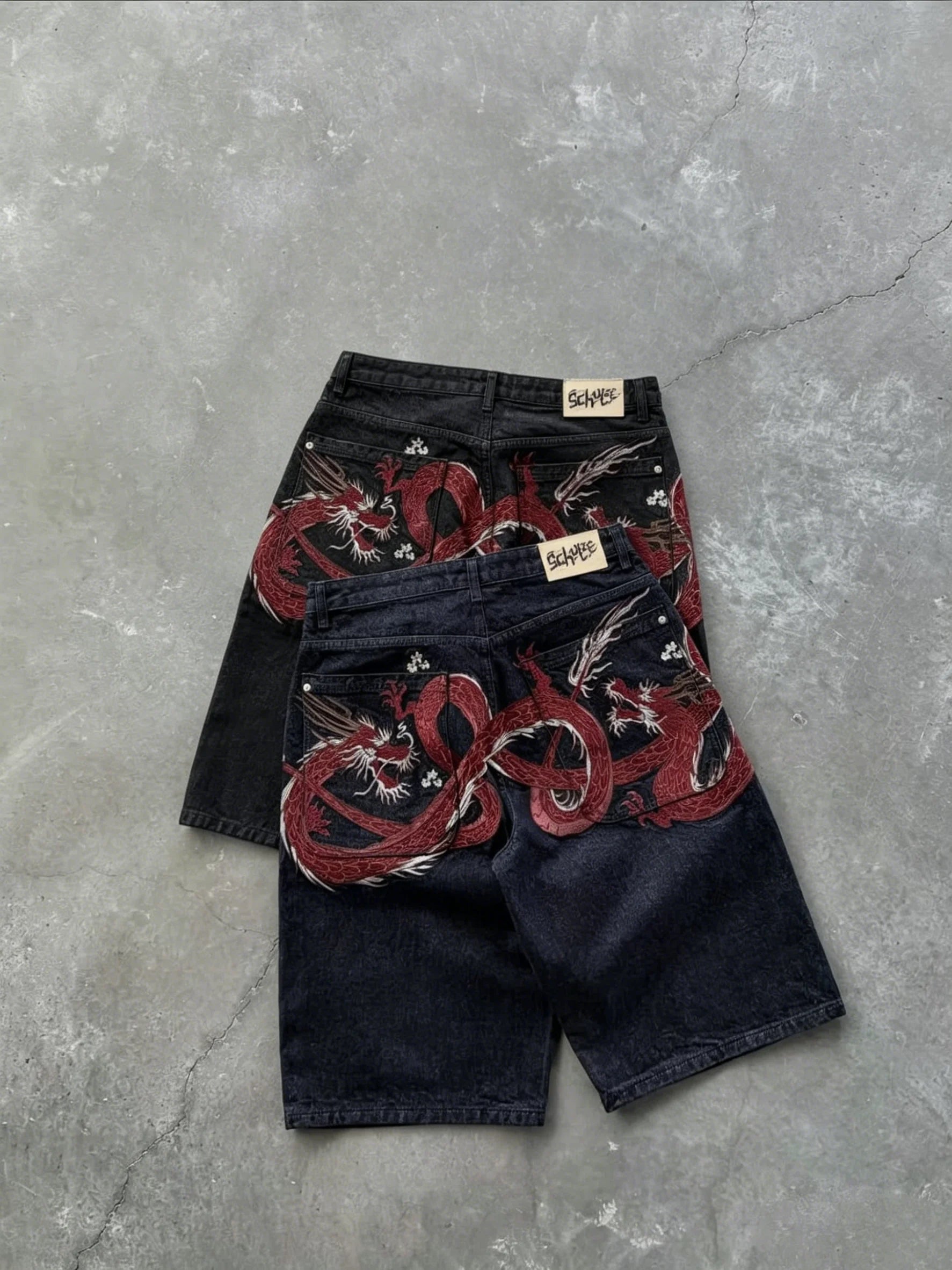 Men Couples Japanese Dragon Floral Embroidered Denim Shorts Loose Baggy Streetwear Washed Vintage Harajuku Y2K Summer Jeans