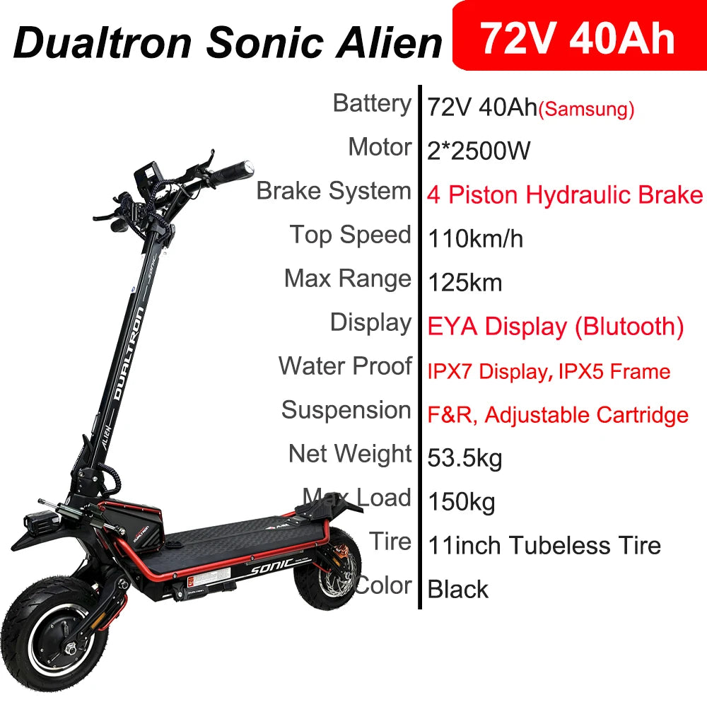 Dualtron Sonic Alien 72V 40Ah EVA Display with Anti-theft Control Dual Motor 2500W*2 Top Speed 100km/h with GPS Function Scooter