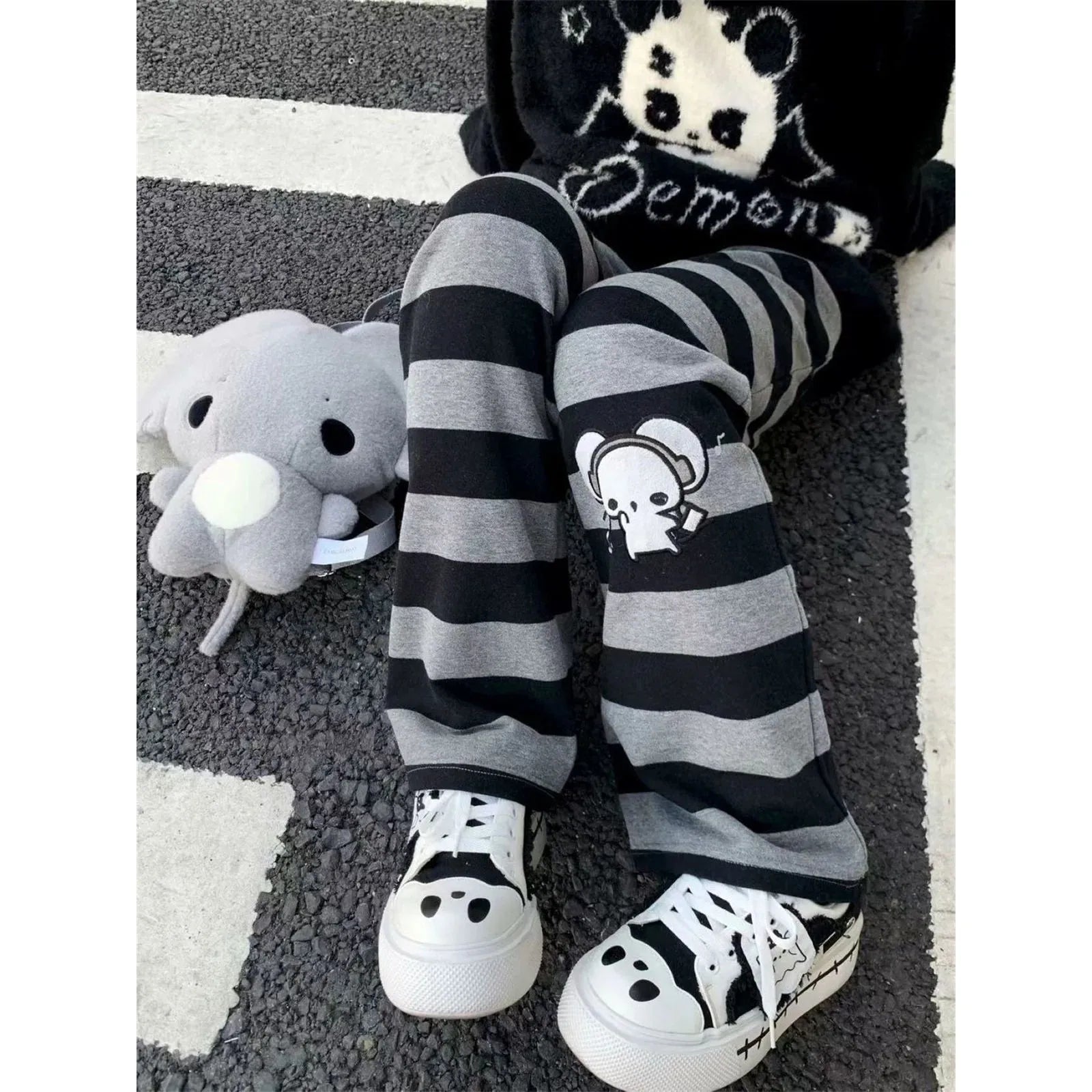 Harajuku Y2K Punk Anime Printed Striped Pants Straight Leg CleanFit PVC Material ex Neutral Sle Casual Trousers