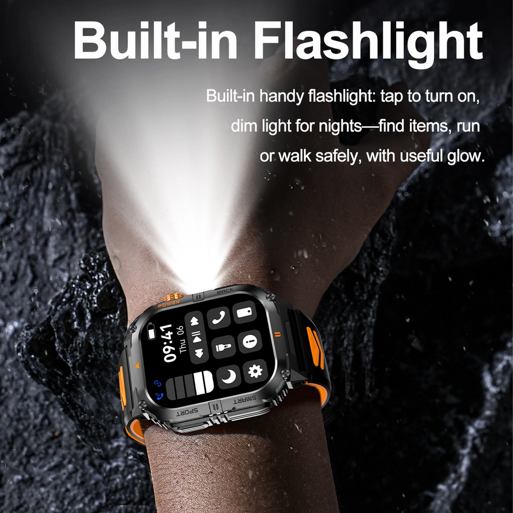 New 1000mAh military outdoor smartwatch for men, LED flashlight, IP68 waterproof, GPS sports, 2.01-inch Bluetooth call smartwatc