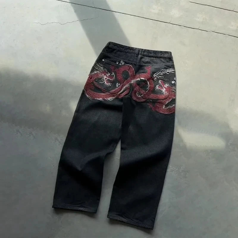 Y2K Harajuku Jeans new Dragon Embroidery high quality jeans 2000s Gothic Vintage Hip Hop streetwear denim fabric wide leg pants