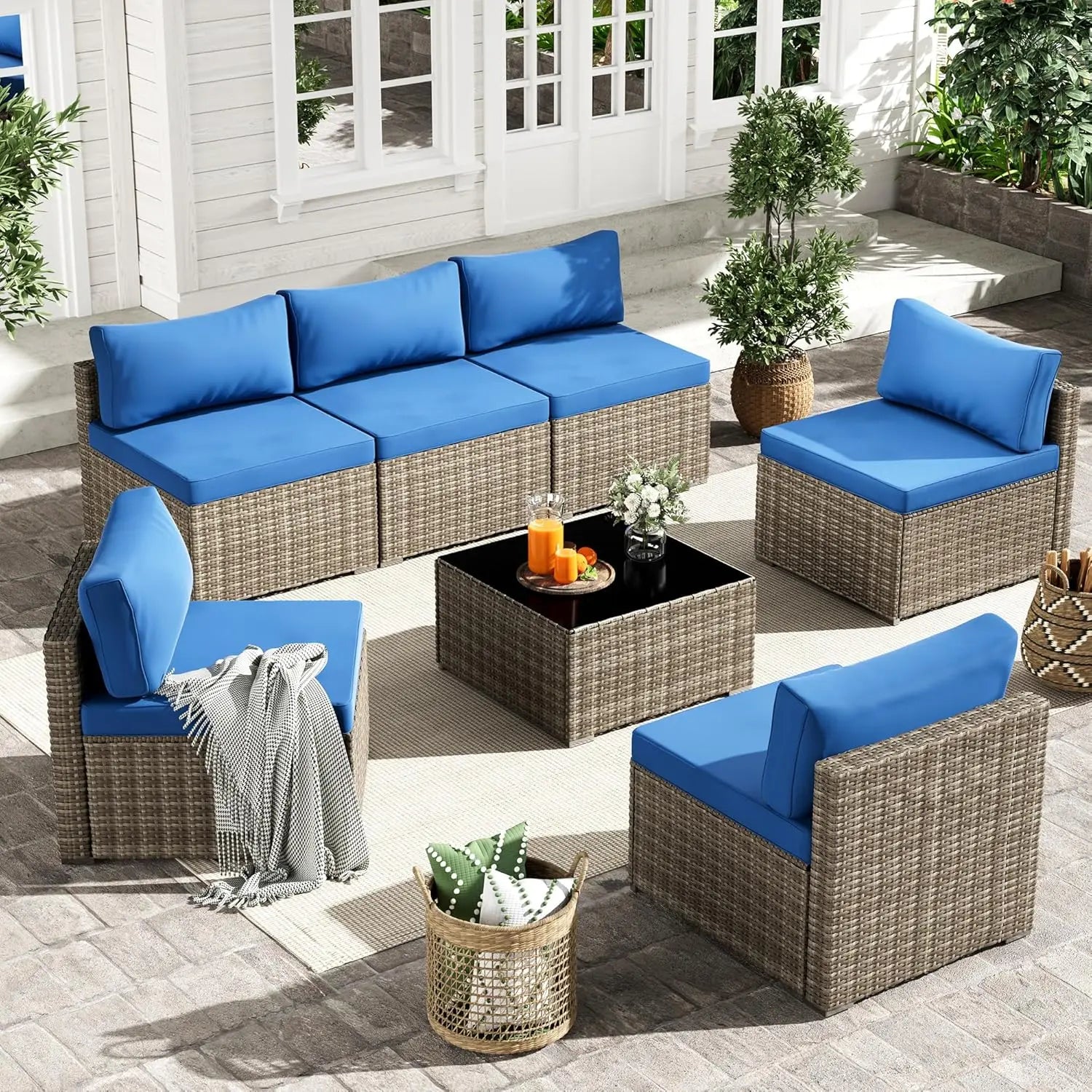 7 Piece Patio Furniture Set, Outdoor Wicker Patio Sofa Set, PE Rattan Sectional Couch with Glass Table and Blue, Customized