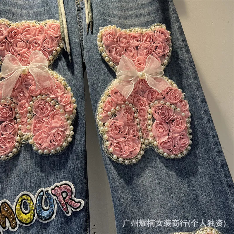 American Style Heavy Beaded Letter Cartoon Anime Elastic Waist Wide Leg Jeans Versatile Casual Full Length Trousers For Women