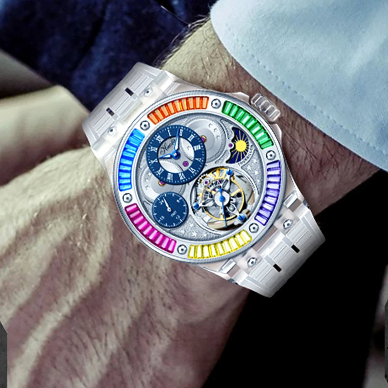 Haofa GMT Tourbillon Man Watch 2101 Luxury Rainbow Crystal Day And Night Manual Tourbillon Mechanical Men Watches Sapphire