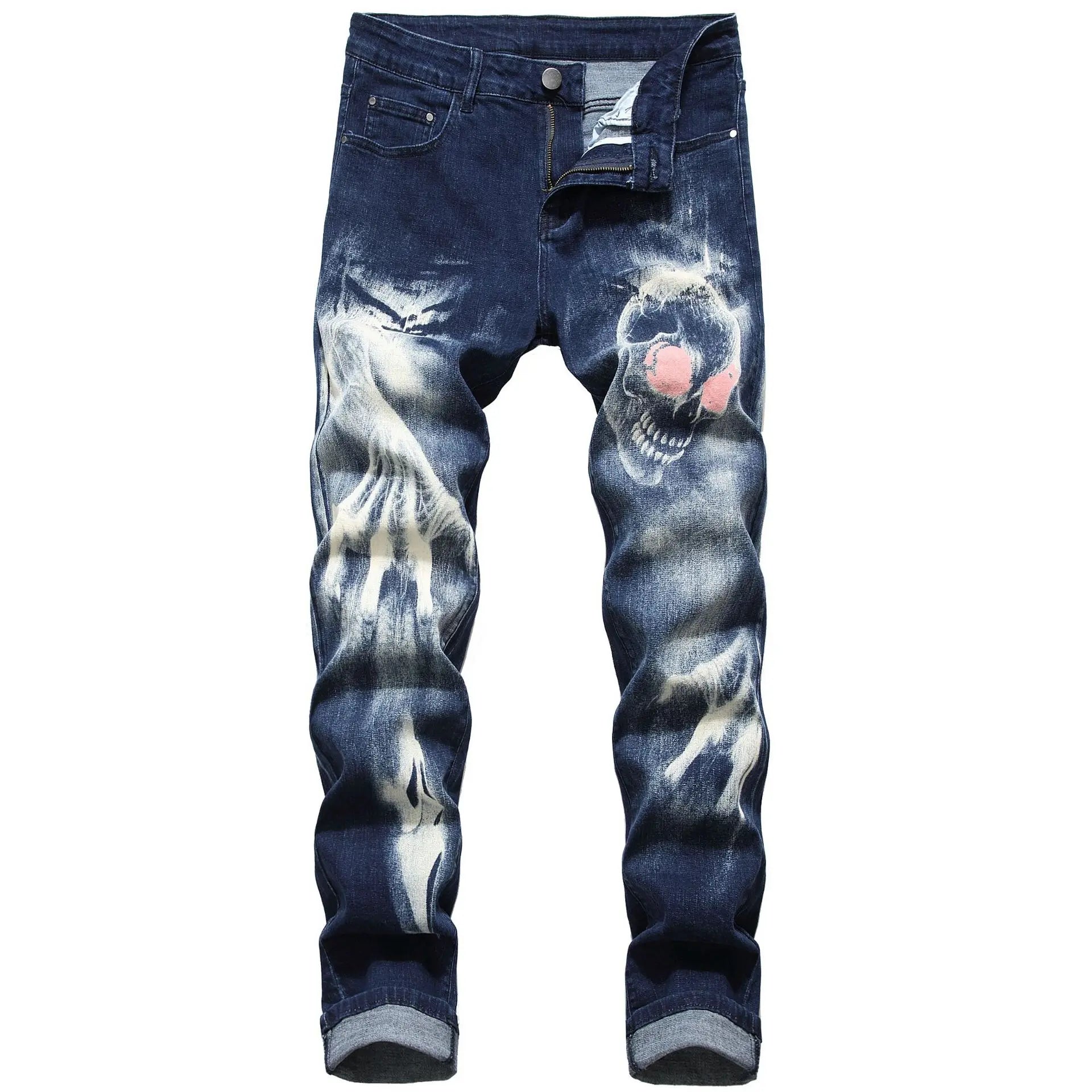2026 Men's Blue 3D Printing Jeans, Black Wolf Pattern Printed Punk Straight Cotton Casual Print Denim Pants Asian Size 28-42
