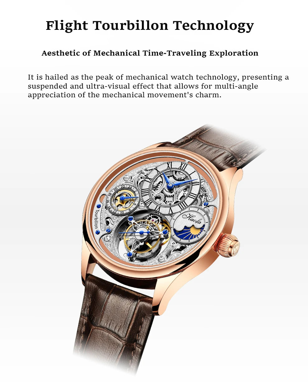 Haofa GMT Flying Tourbillon Mechanical Man Watch Skeleton Tourbillon Movement Luxury Moon Phase Watches for man Hollow 1035
