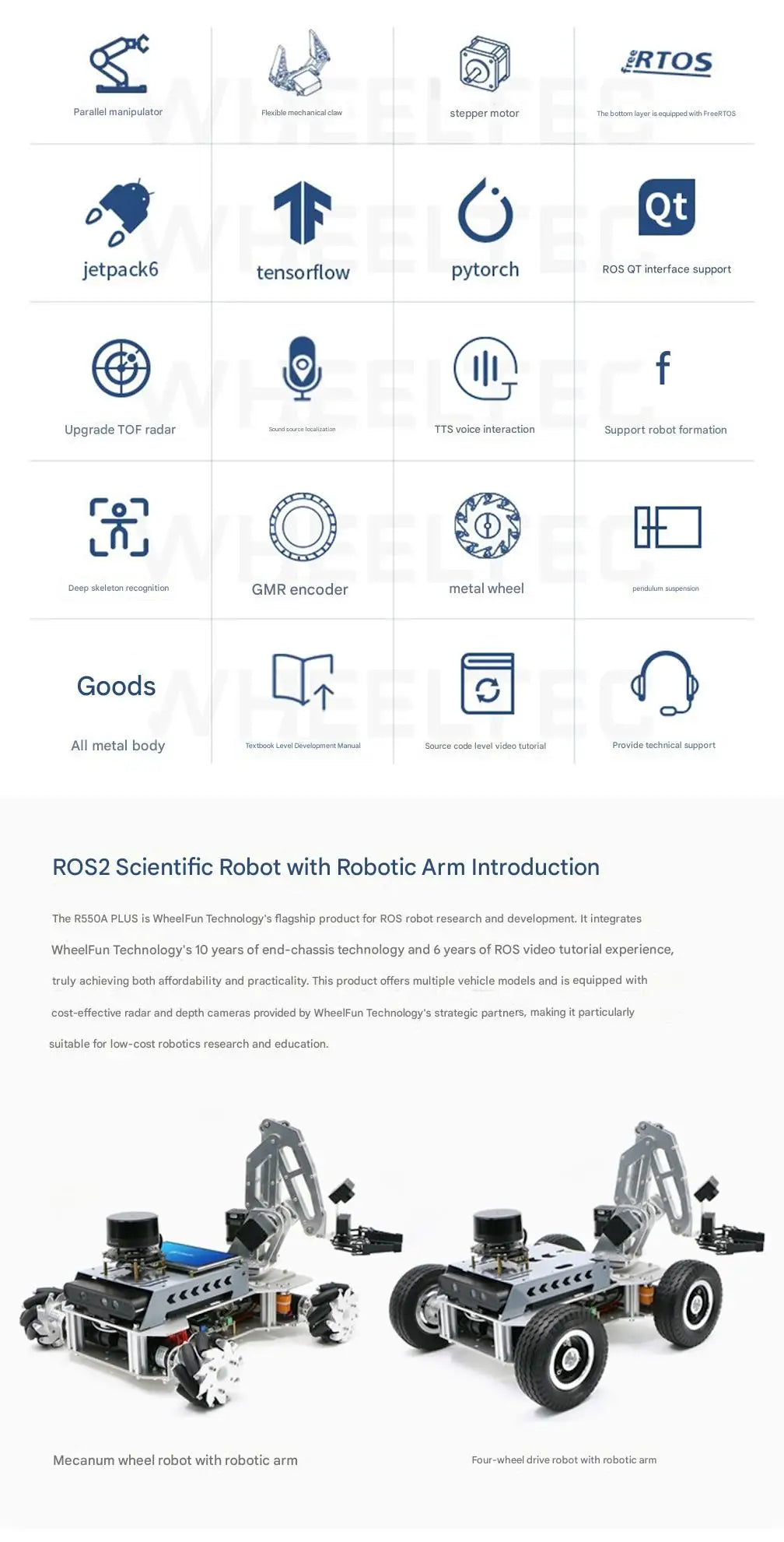 WHEELTEC R550A PLUS ROS Research Robot with Robotic Arm, LiDAR Mapping and Navigation