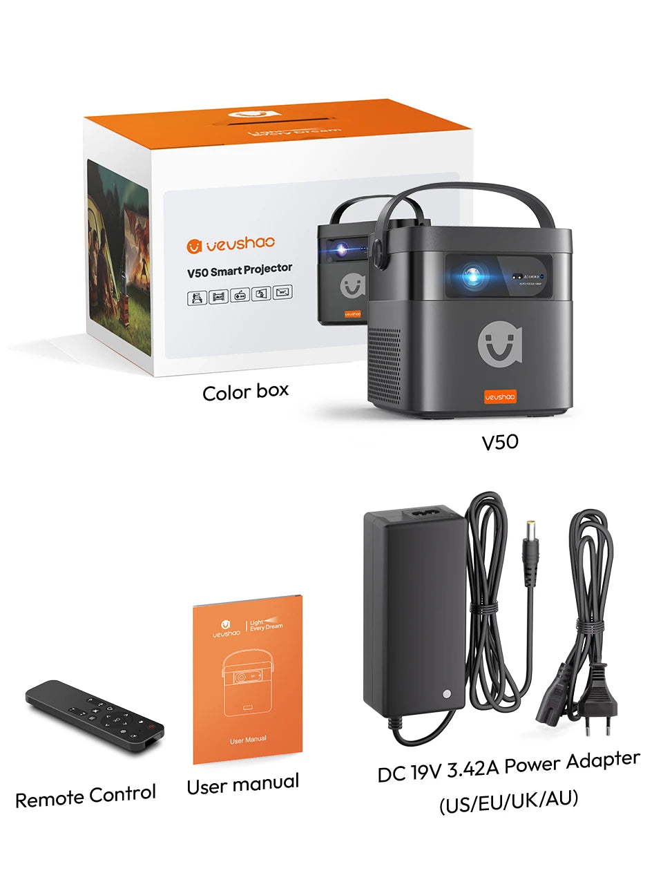 VEVSHAO V50 400ANSI DLP Projector Airplay Miracast 15000mAh Battery Android 9.0 TOF Focus 3D Portable Outdoor Movie Projector