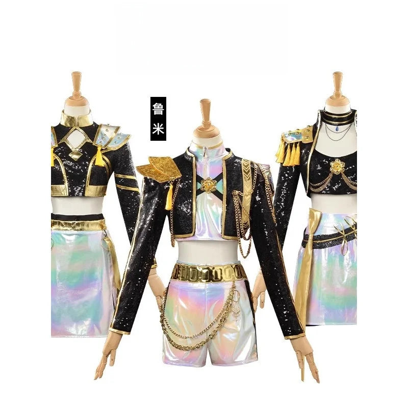 Kpop  Magic Girl Cosplay Costume Children Adults Anime Mila Performance Black Gold Costume Full Set for Halloween