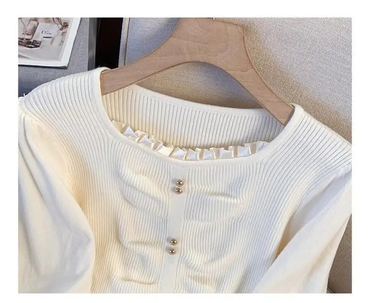 Pleated Slit Hem Contrast Patchwork Sweet Pullovers Women Clothing New Long Sleeve Fashion Sweaters Casual Korean Autumn Winter