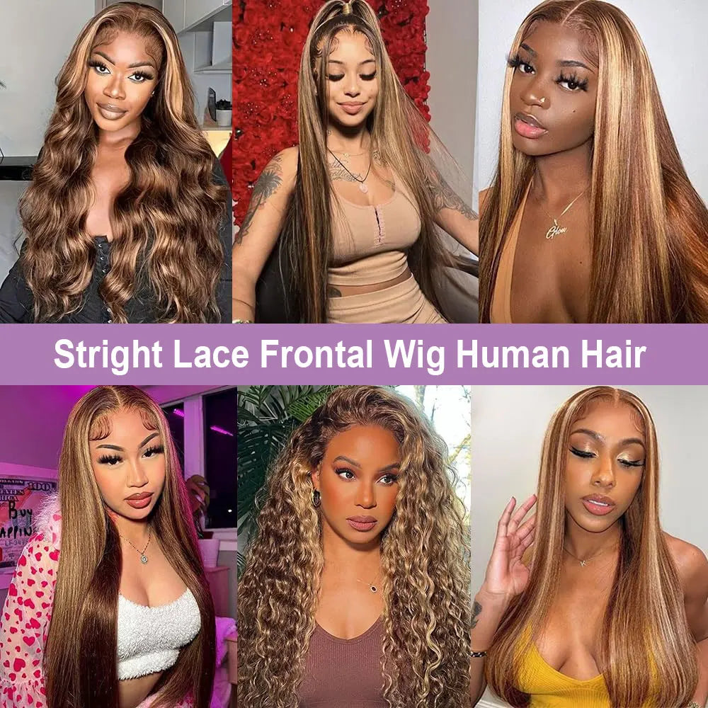Megeen 13X4 Transparent Lace Frontal Wig Highlight P4/27 Human Hair Honey Blonde Straight Lace Front Wig Colored Ombre Wigs Remy