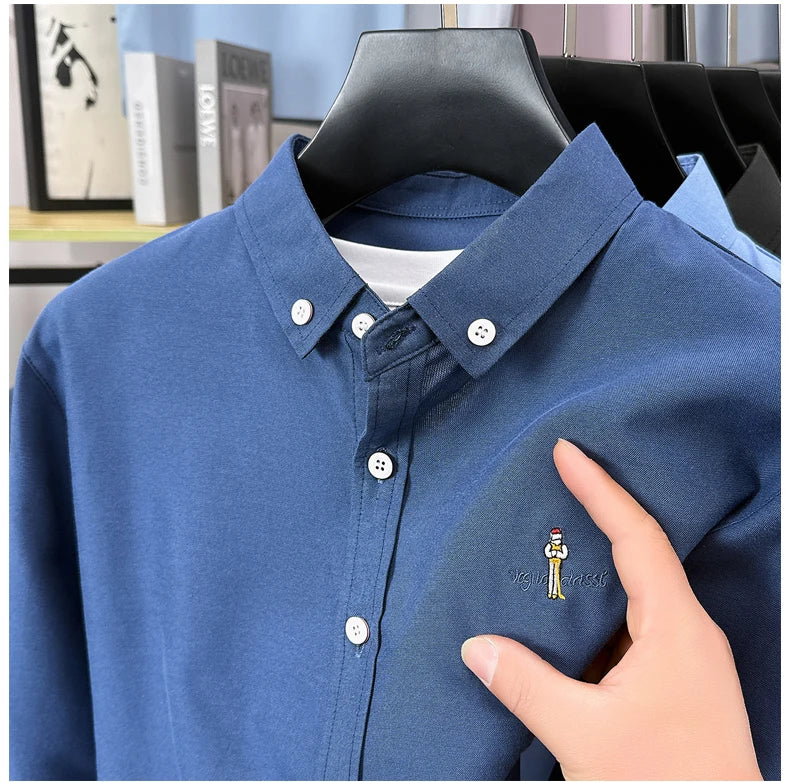 Light luxury fashion men's long sleeve shirt brand cartoon embroidery high-quality business casual solid color golf lapel top