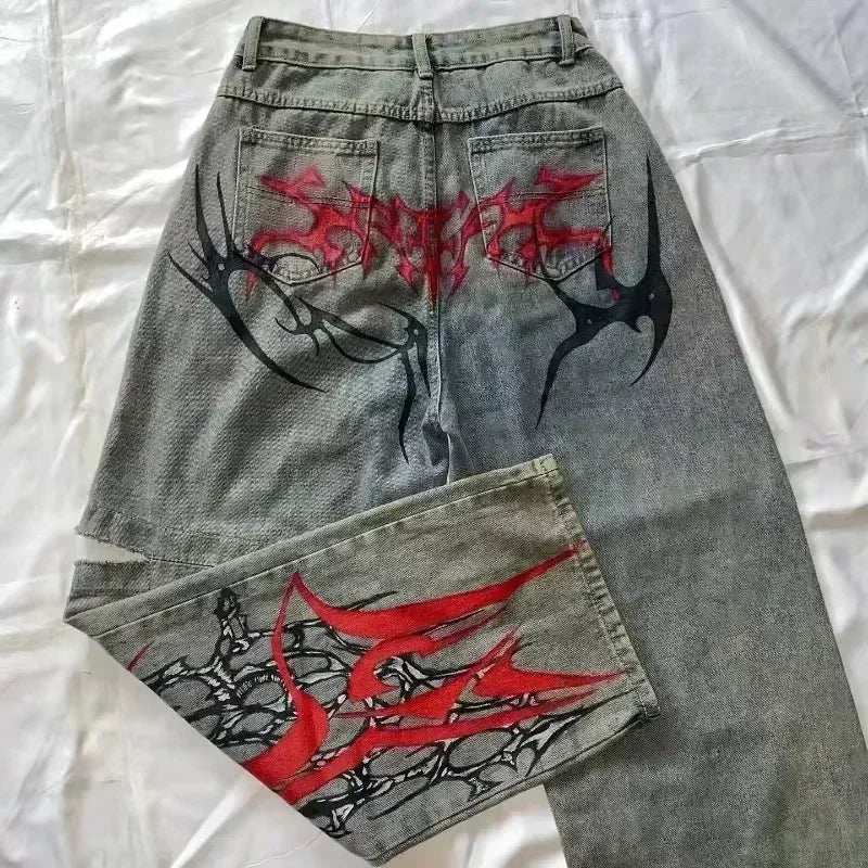 American Retro Horror Blood Hand Halloween Jeans Men's and Women's Y2K New Popular Harajuku Hip-Hop Gothic Loose Street Clothes