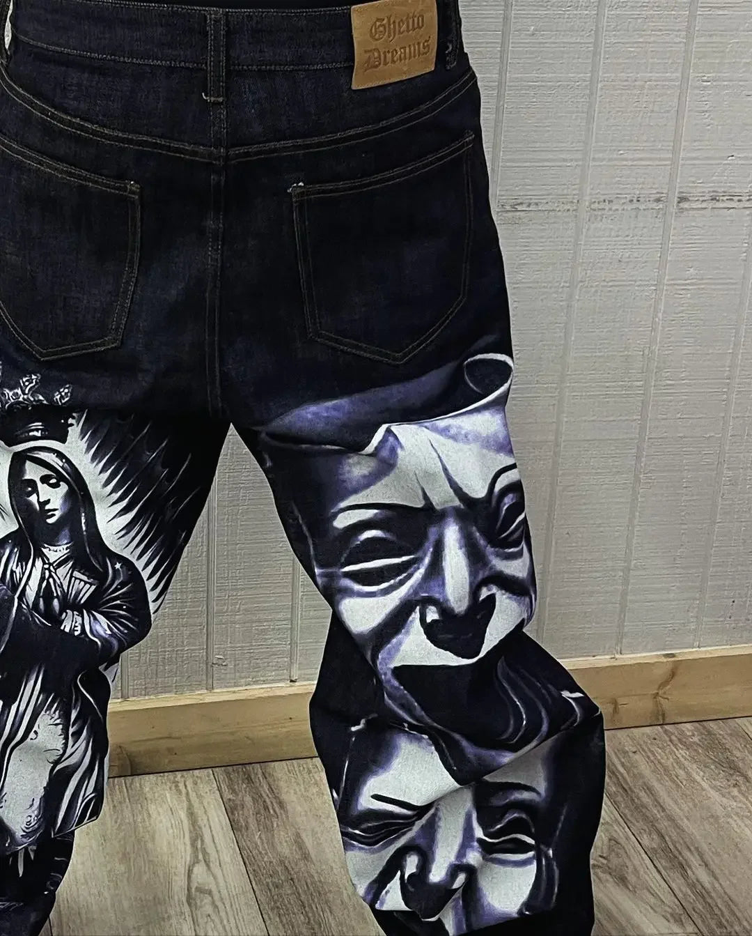 American retro god print jeans men women y2k gothic skateboard pants streetwear harajuku hip hop watermark loose slouchy jeans