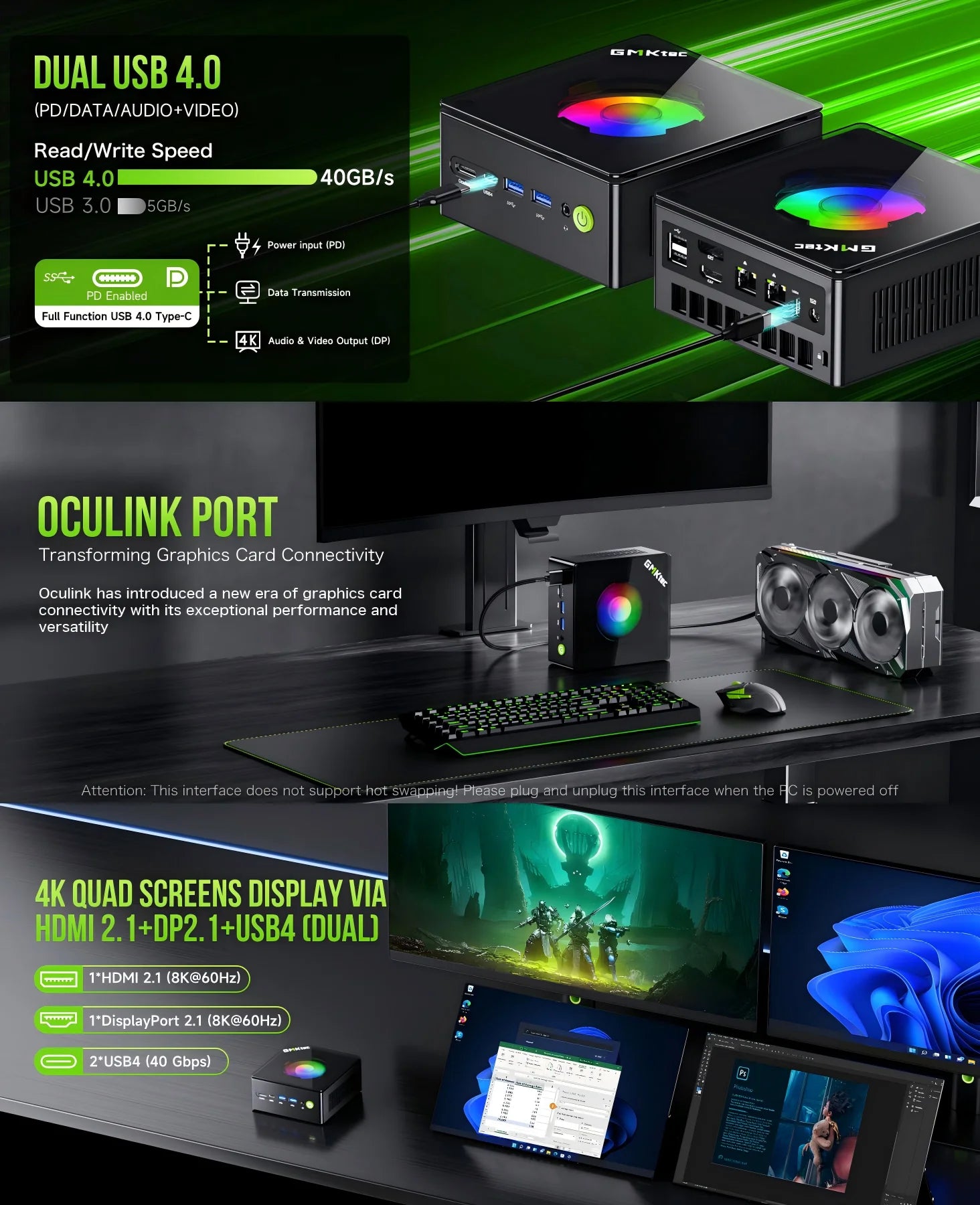 GMKtec Oculink Mini PC K11 K8 Plus M7 AMD R9 8945HS 8845HS 6850H 2*USB4 2*DDR5 2*2.5G LAN Micro Gaming Computer WiFi6 Desktops