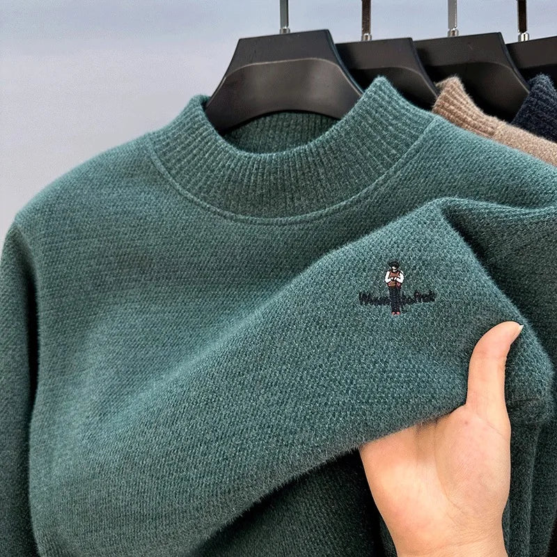 Light luxury brand round neck sweater knitted plush thicken warm pullover cartoon character embroidery fashion golf men's wear