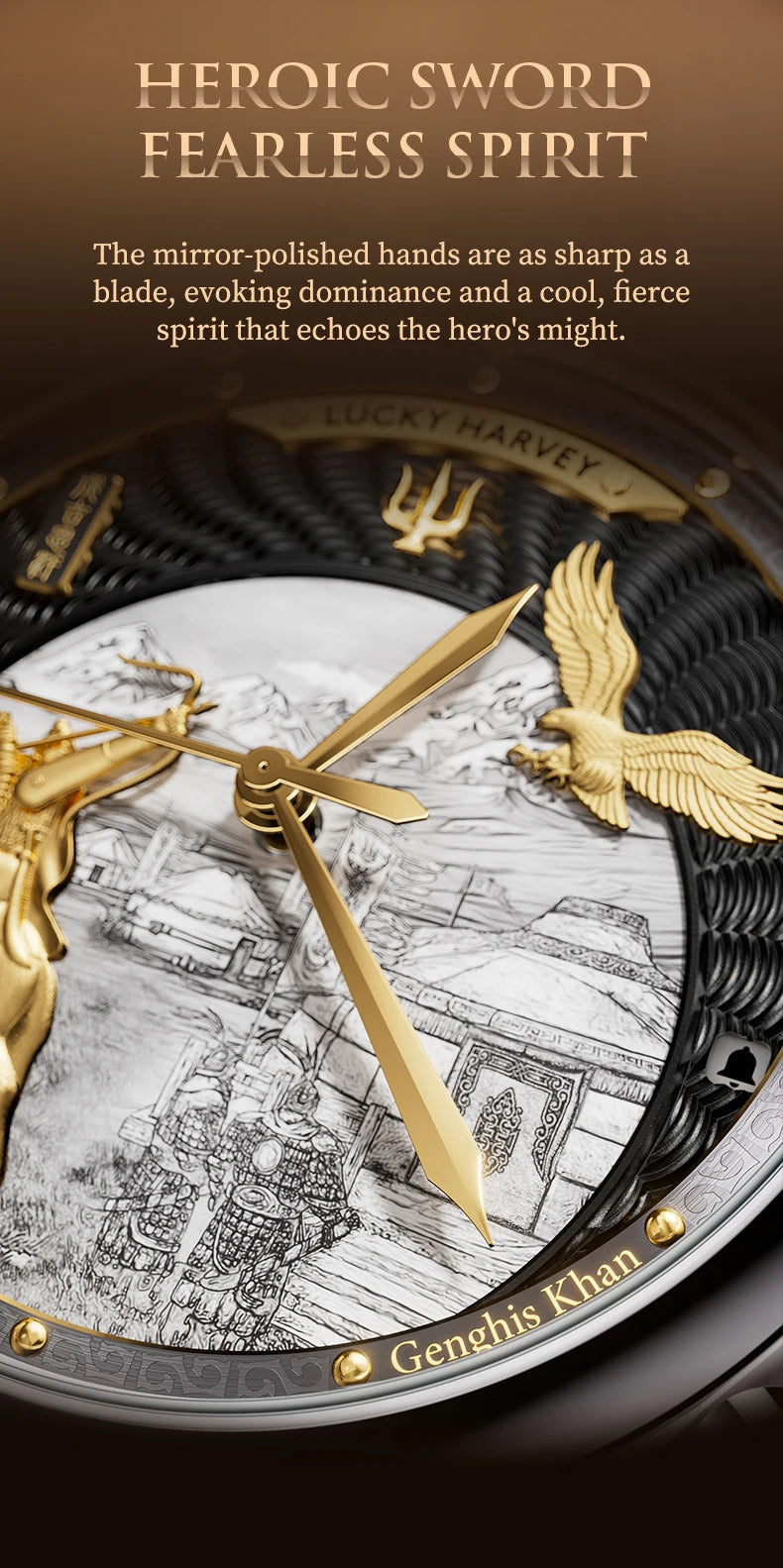 Lucky Harvey 3D Hero Genghis Khan Chiming Watches Guilloché Relief Dial Motion Movement Limited Automatic Mechanical Wristwatch
