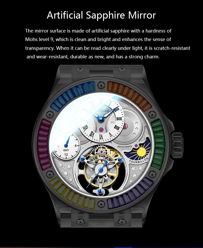 Haofa GMT Tourbillon Man Watch 2101 Luxury Rainbow Crystal Day And Night Manual Tourbillon Mechanical Men Watches Sapphire