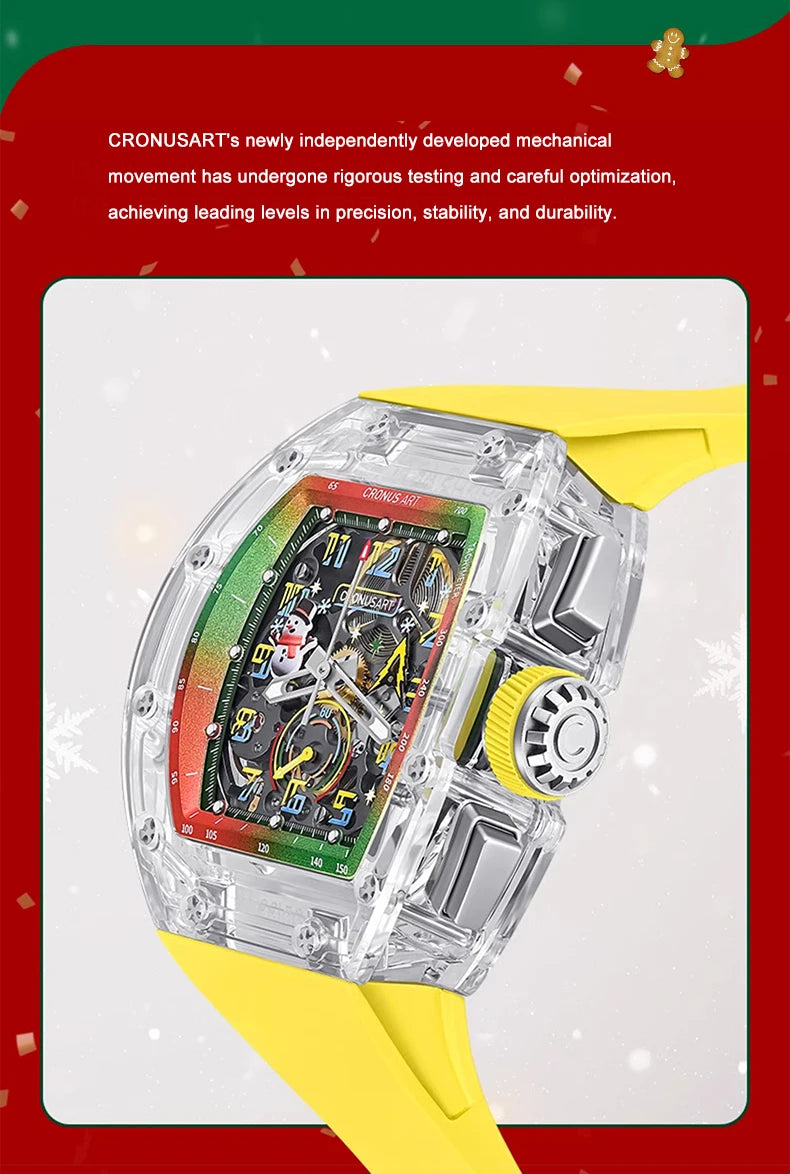 CRONUSART Men Chronograph Watch Tonneau Mechanical Wristwatch Sapphire Case Luminous Fluororubber Strap Christmas Limied Edition