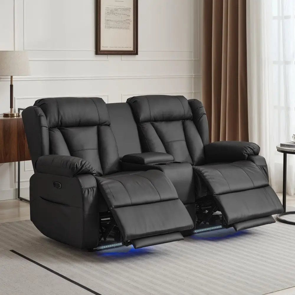 Loveseat Recliner Sofa, Home Theater Seating with ConsoleReclining Loveseat Sofa RV Couch with LED Lights, Cup Holders, USB, Dr