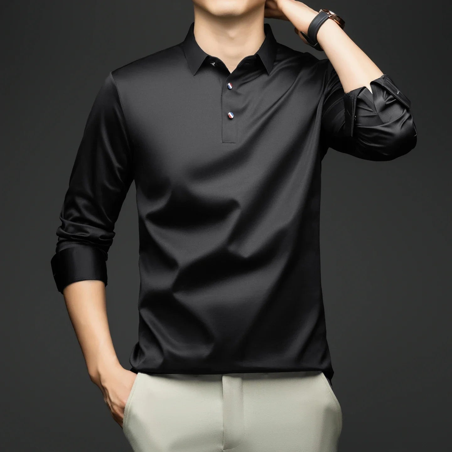 BROWON 2025 Spring Autumn Casual Work Tops Man Tshirt Long Sleeve Solid Color Soft Elegant Business Mulberry Silk T Shirt Man