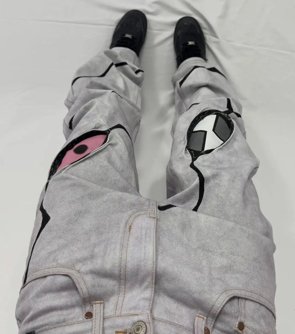 Hip Hop Street Denim Pants, Retro Anime Patterns, Patchwork Embroidery, Men's and Women's Straight Leg Jeans