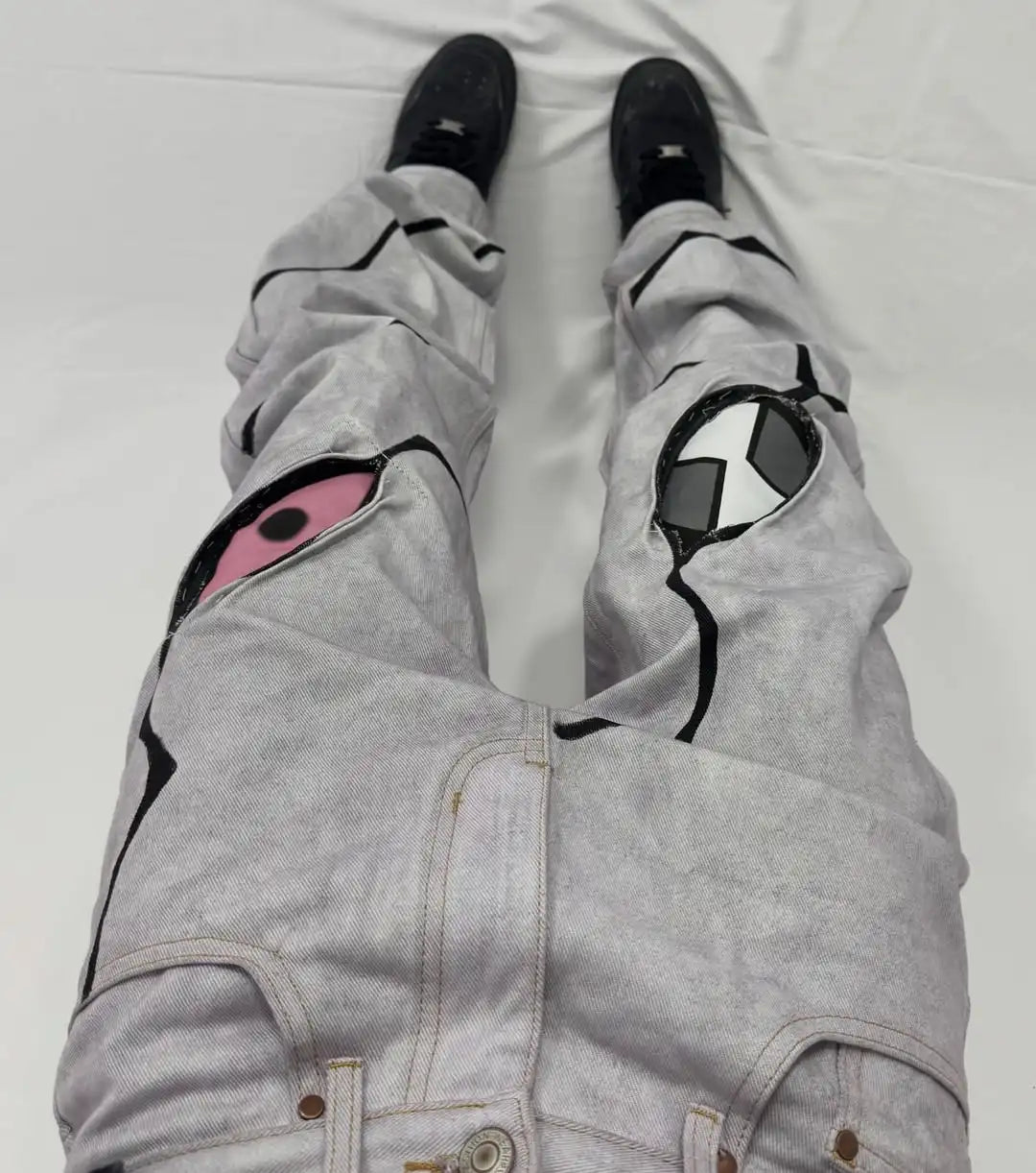 Hip Hop Street Denim Pants, Retro Anime Patterns, Patchwork Embroidery, Men's and Women's Straight Leg Jeans