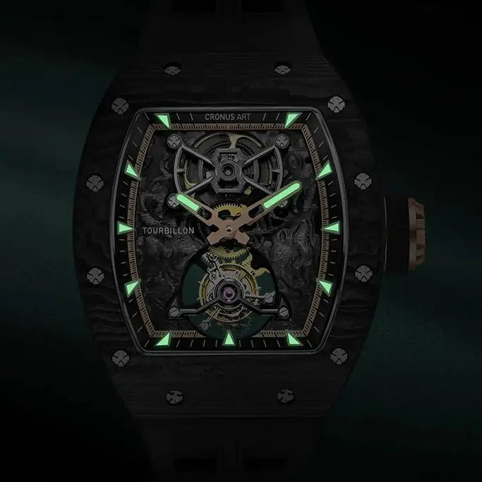 CRONUSART Men Tourbillon Watch 50mm Tonneau Mechanical Wristwatch Carbon Fiber Case & Dial Luminous Sapphire Mirror